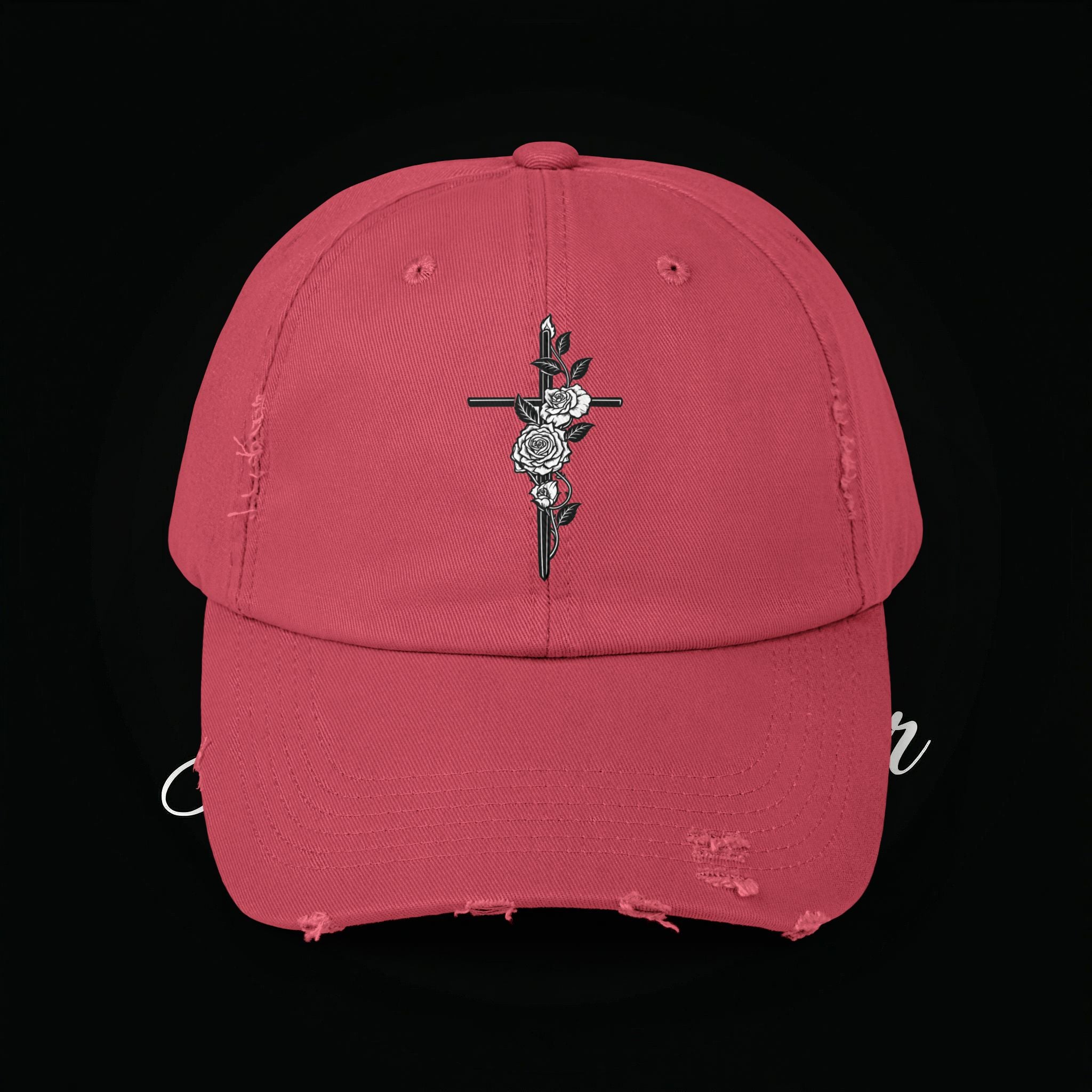 Distressed Black Cap with Rose Cross Embroidery — Gothic Floral Baseball Hat
