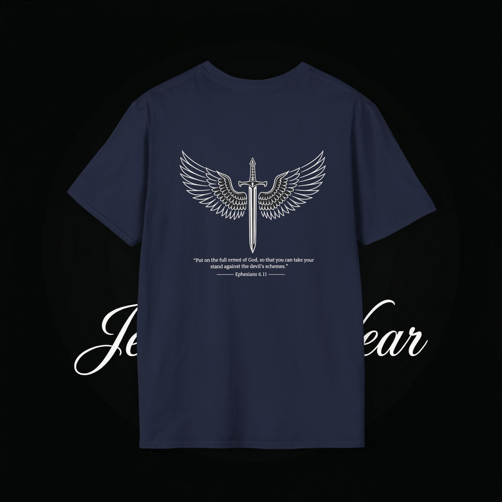 Christian Cross Sword T-Shirt — Winged Sword & Scripture Graphic