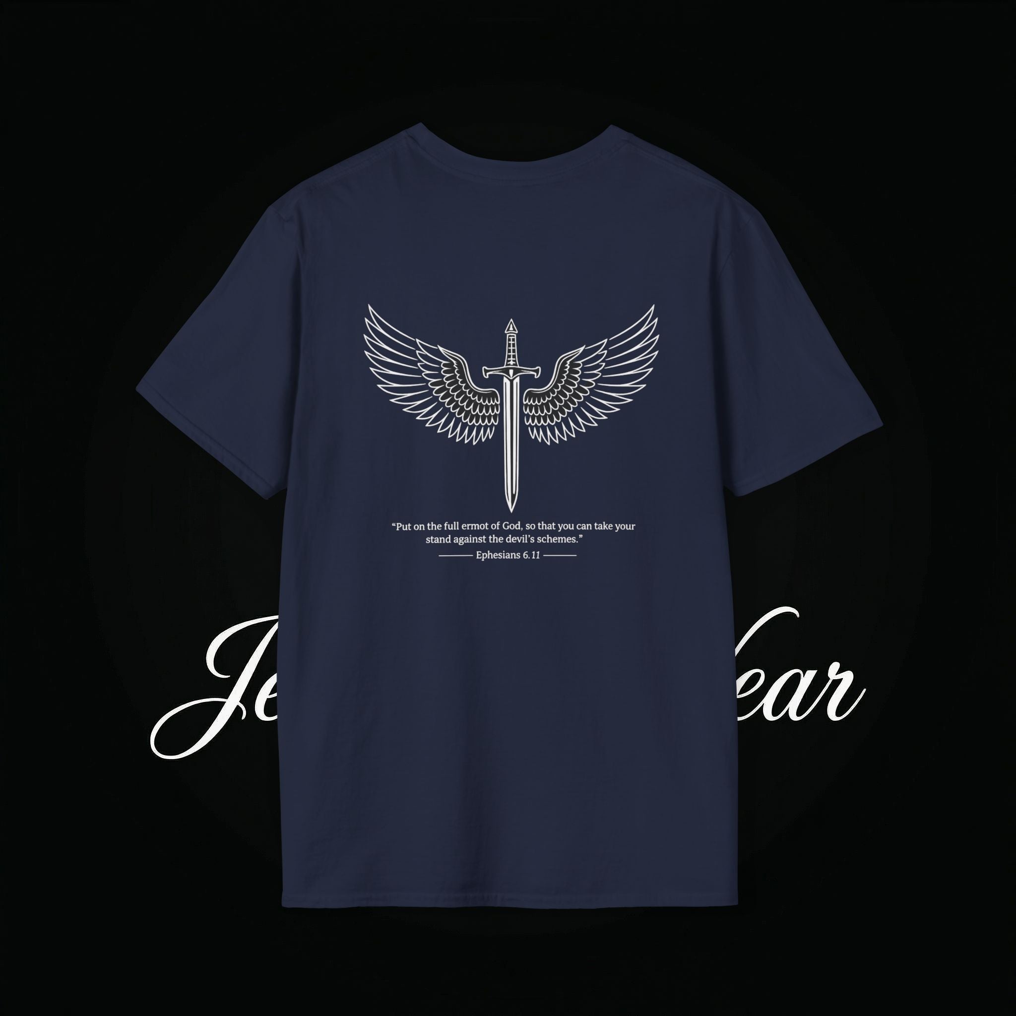 Christian Cross Sword T-Shirt — Winged Sword & Scripture Graphic