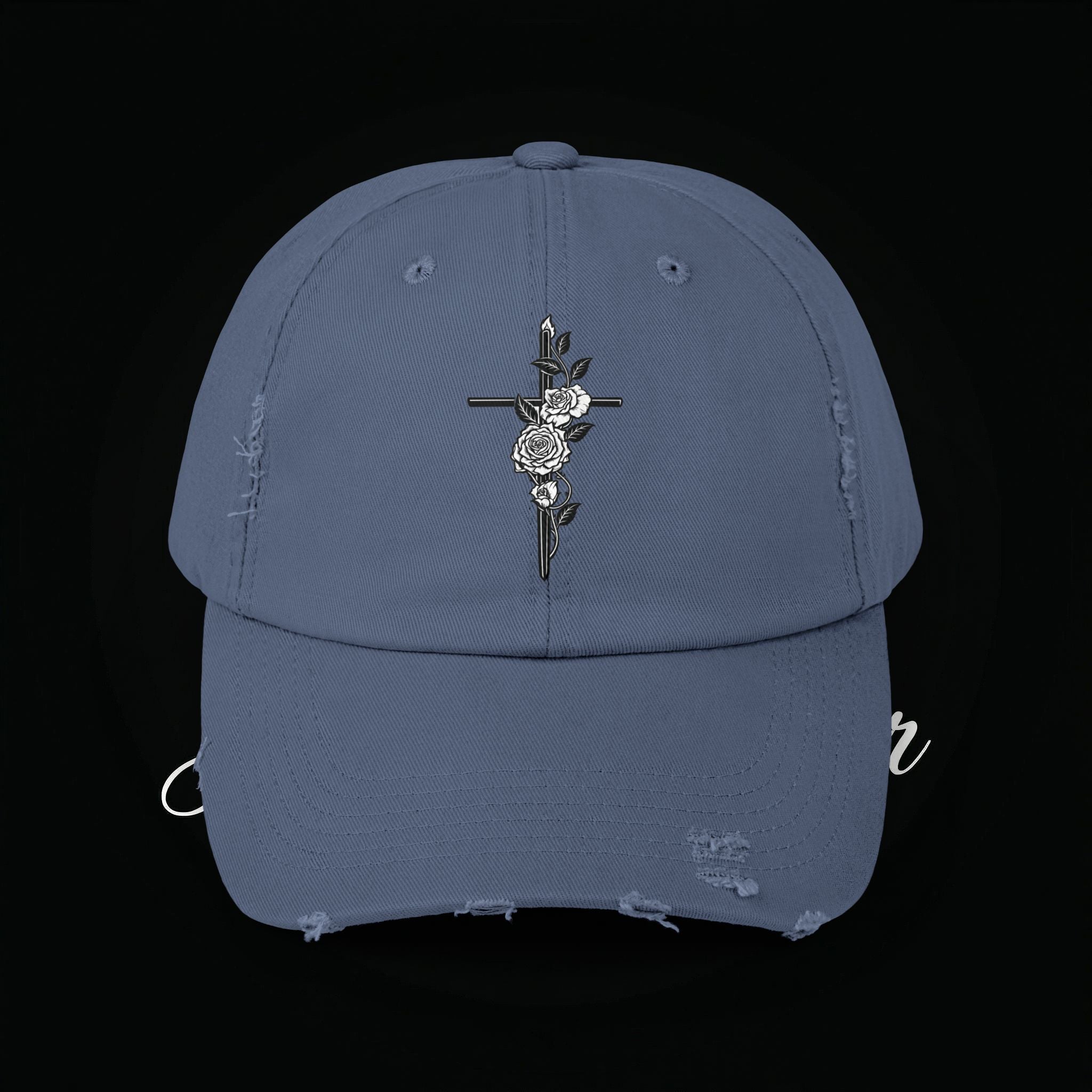 Distressed Black Cap with Rose Cross Embroidery — Gothic Floral Baseball Hat