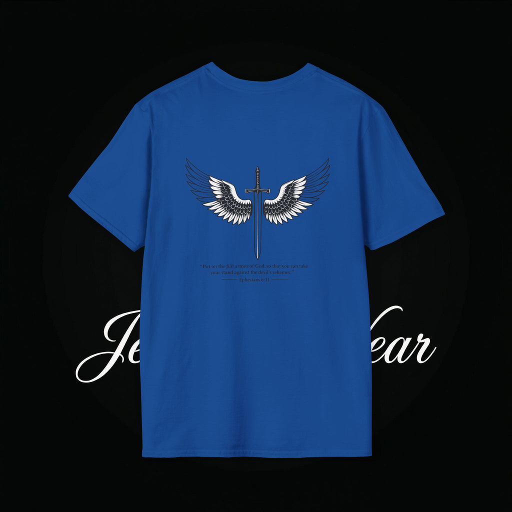 Christian Cross Sword T-Shirt — Winged Sword & Scripture Graphic