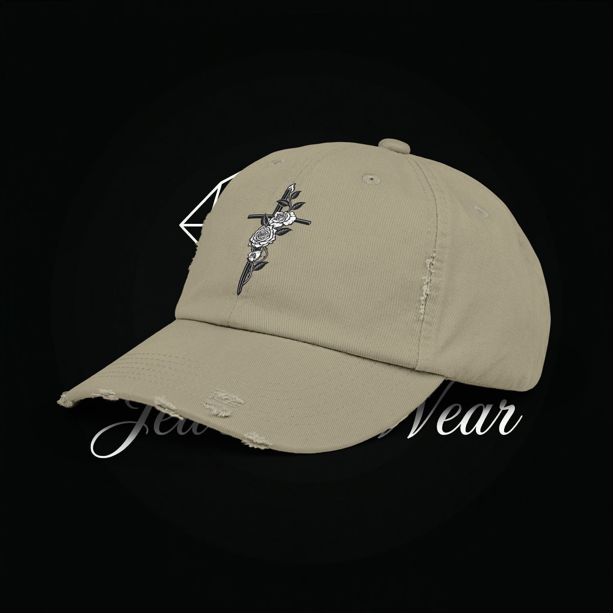 Distressed Black Cap with Rose Cross Embroidery — Gothic Floral Baseball Hat