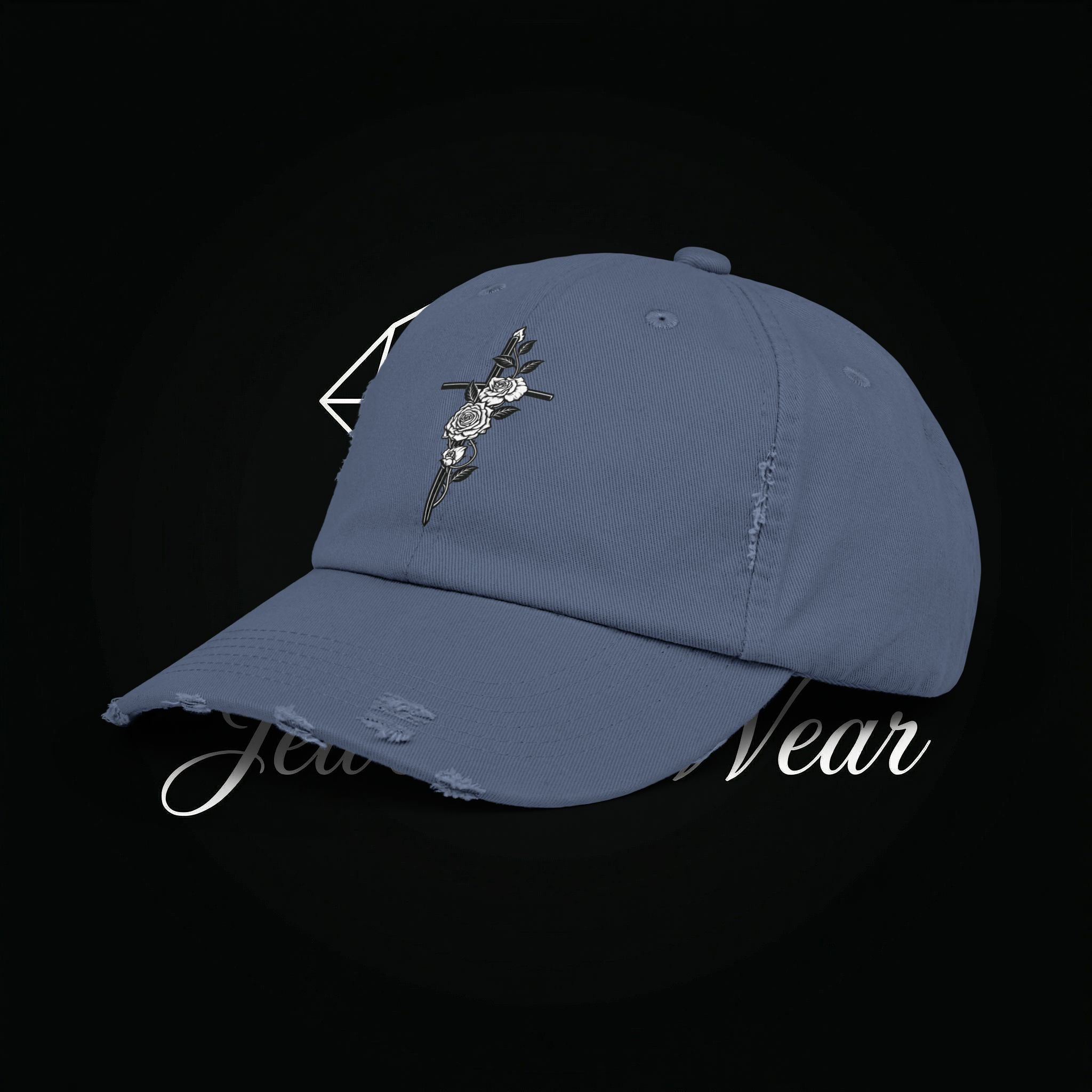 Distressed Black Cap with Rose Cross Embroidery — Gothic Floral Baseball Hat