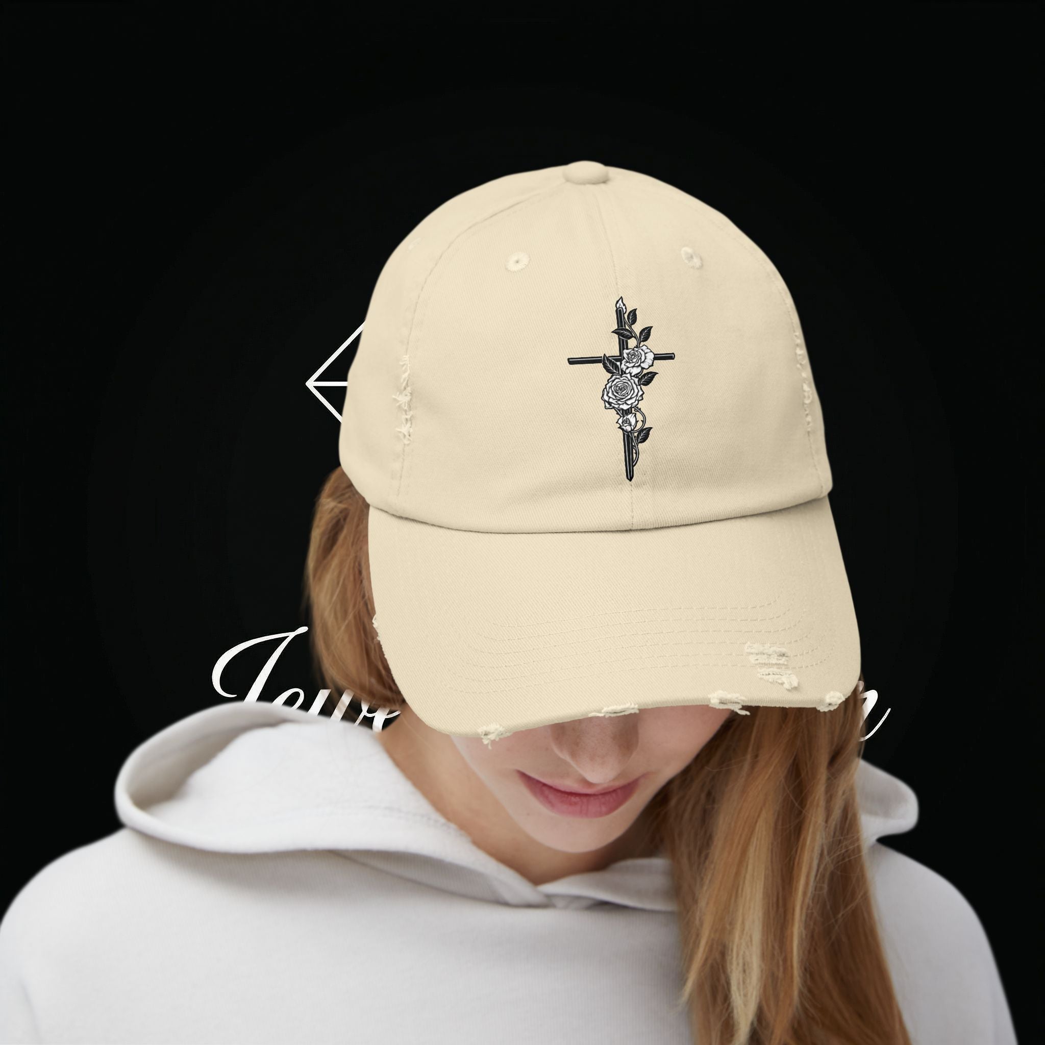 Distressed Black Cap with Rose Cross Embroidery — Gothic Floral Baseball Hat