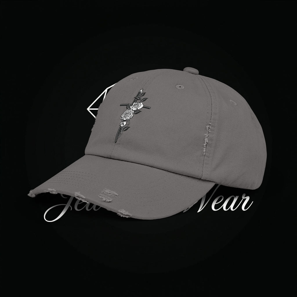 Distressed Black Cap with Rose Cross Embroidery — Gothic Floral Baseball Hat