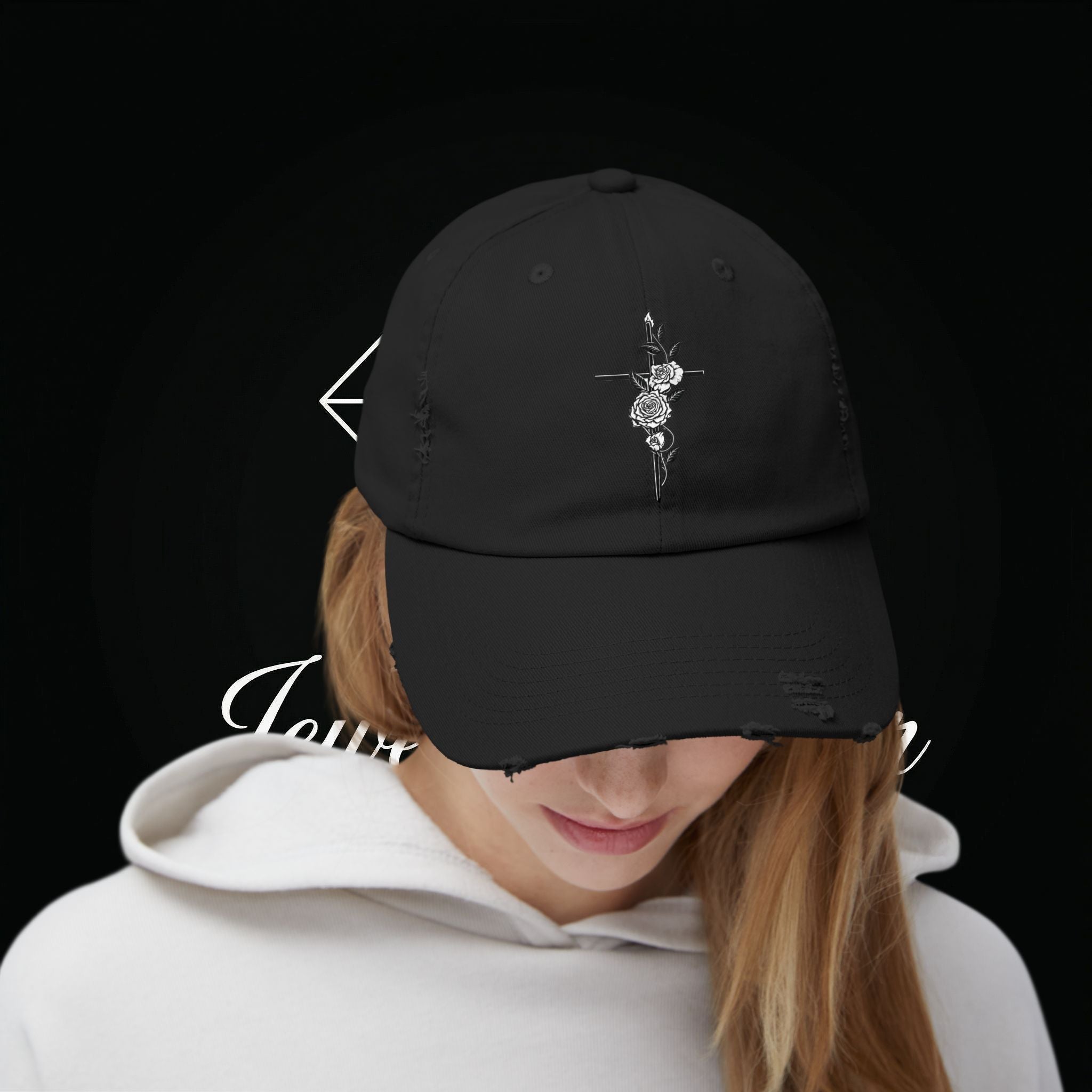 Distressed Black Cap with Rose Cross Embroidery — Gothic Floral Baseball Hat