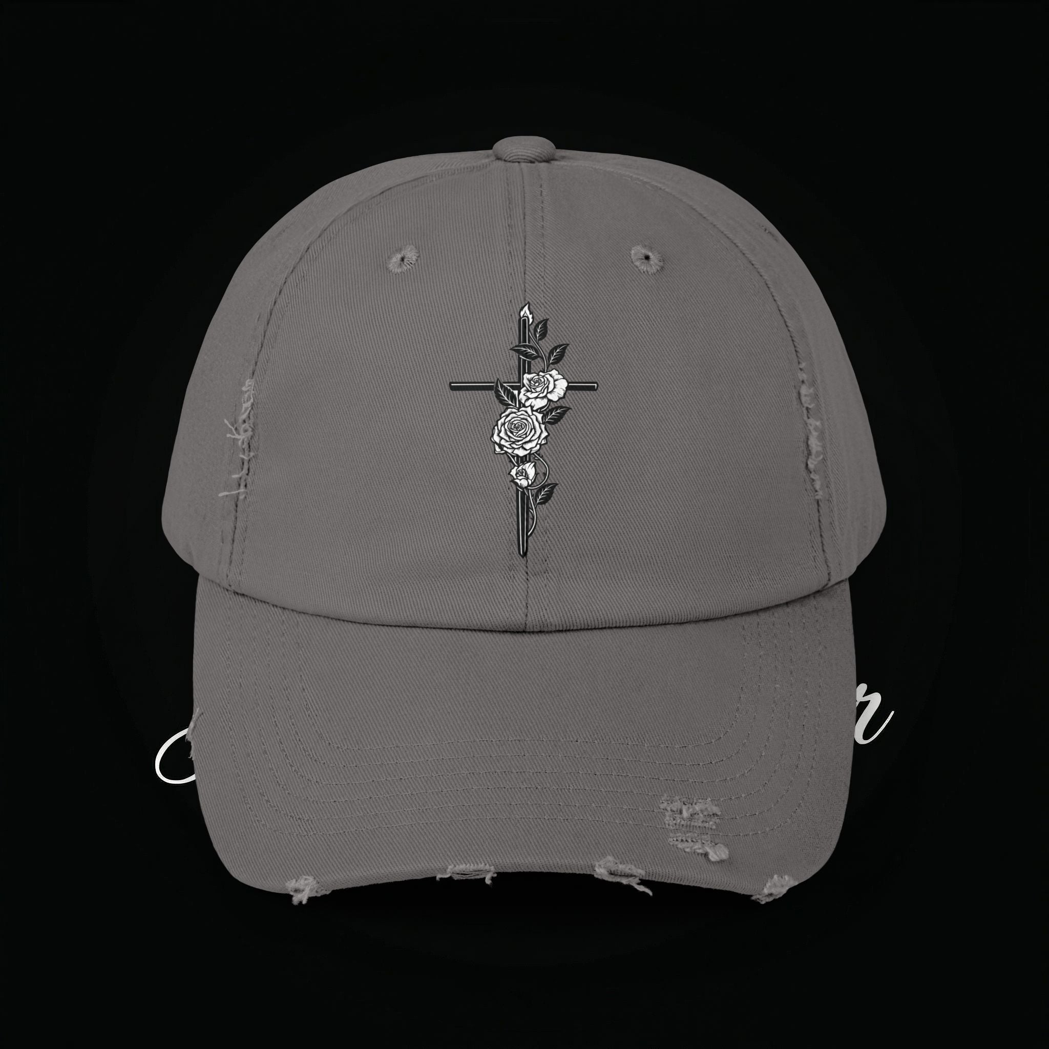 Distressed Black Cap with Rose Cross Embroidery — Gothic Floral Baseball Hat