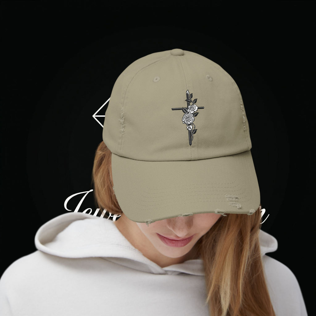Distressed Black Cap with Rose Cross Embroidery — Gothic Floral Baseball Hat