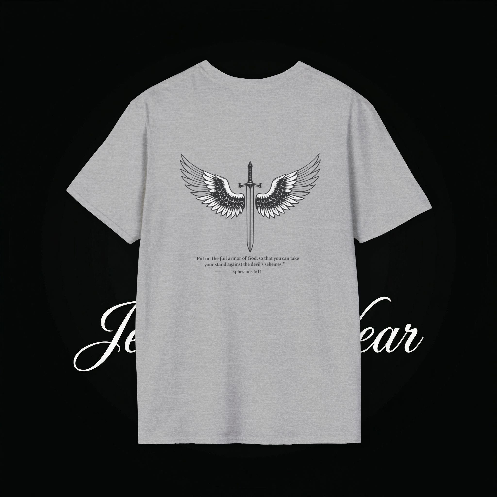 Christian Cross Sword T-Shirt — Winged Sword & Scripture Graphic