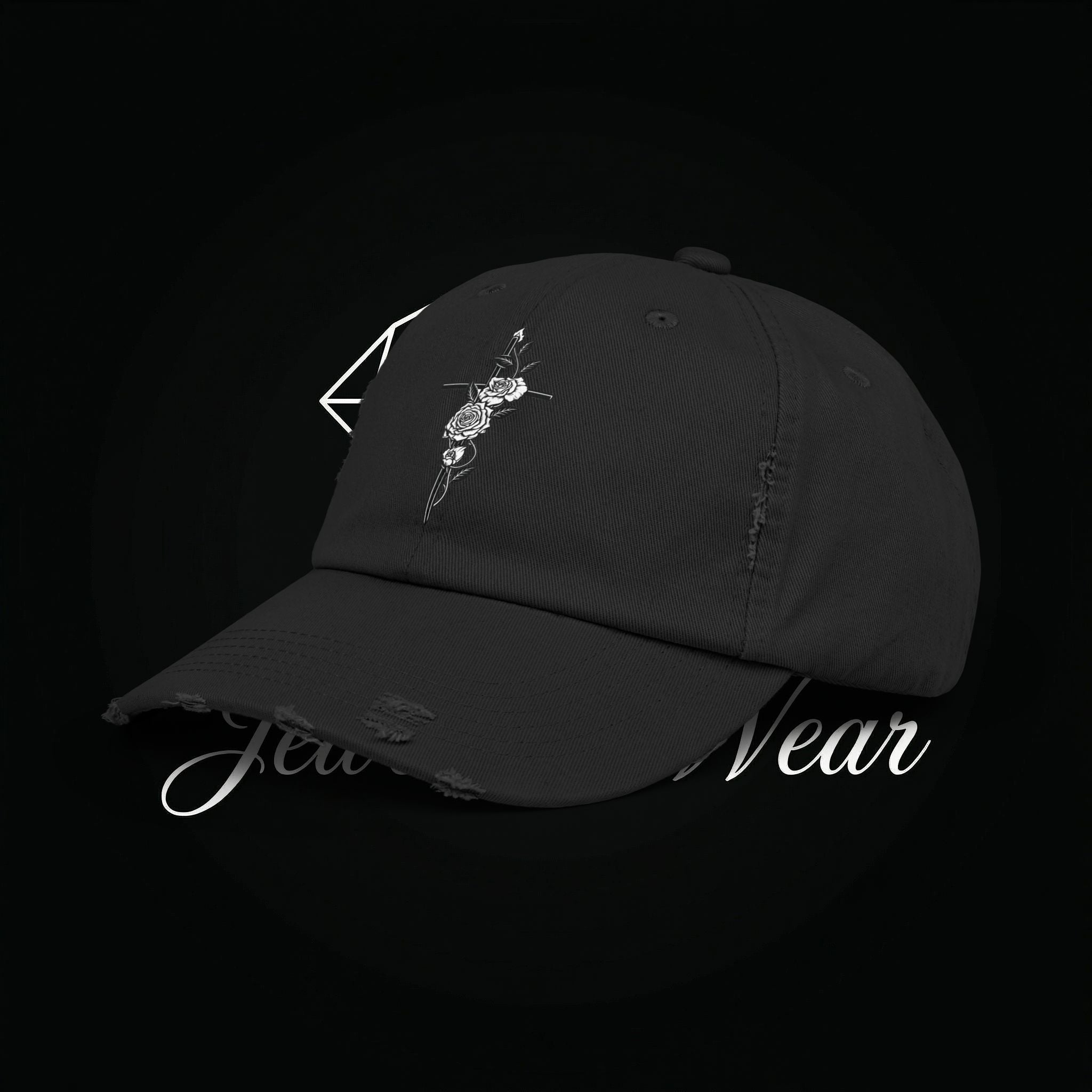 Distressed Black Cap with Rose Cross Embroidery — Gothic Floral Baseball Hat