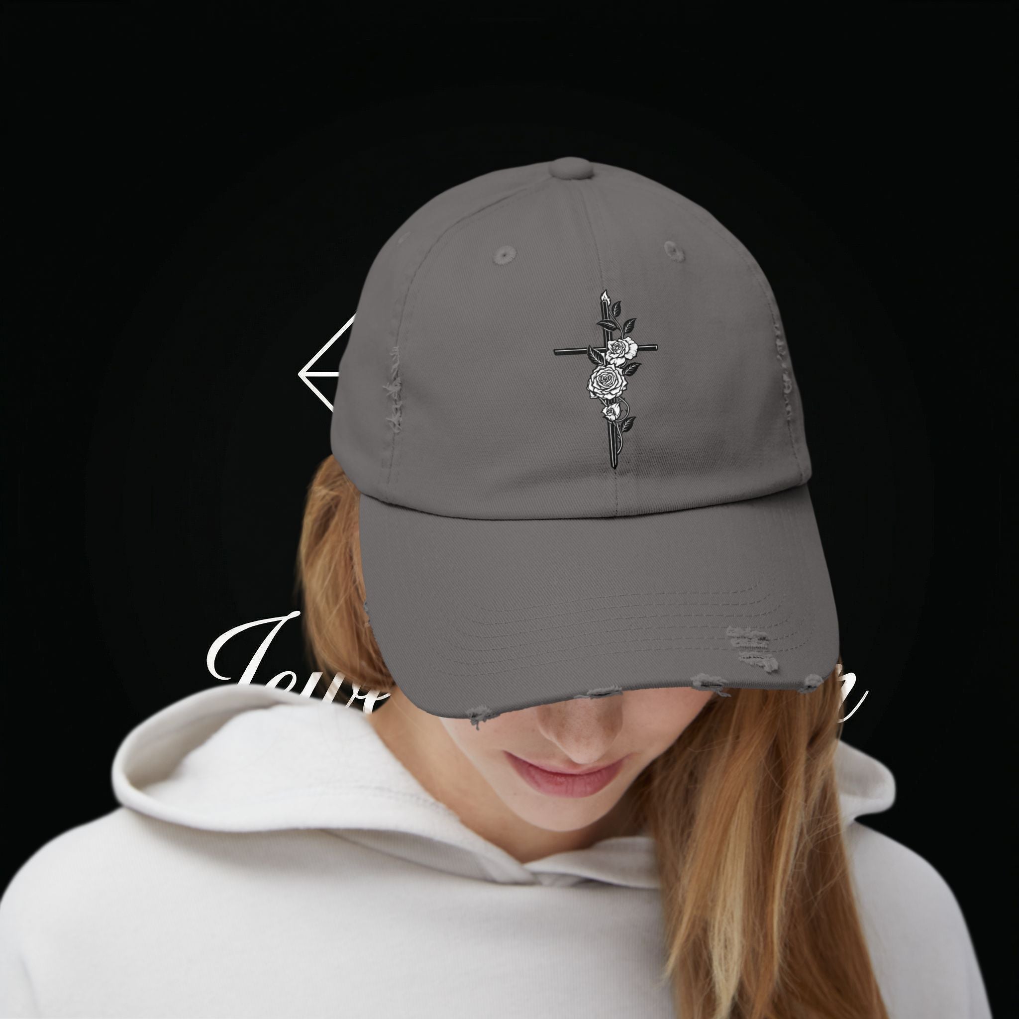 Distressed Black Cap with Rose Cross Embroidery — Gothic Floral Baseball Hat