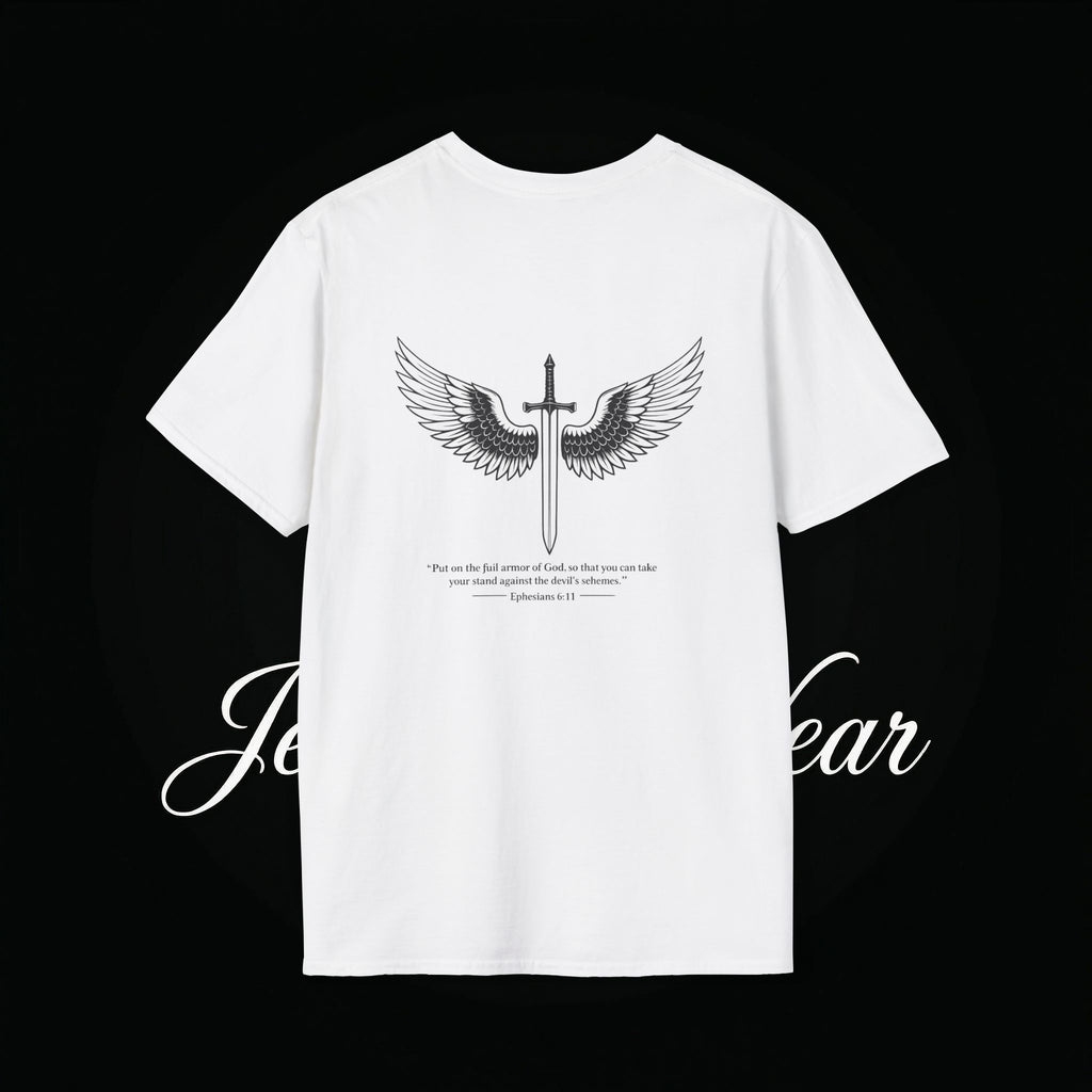 Christian Cross Sword T-Shirt — Winged Sword & Scripture Graphic