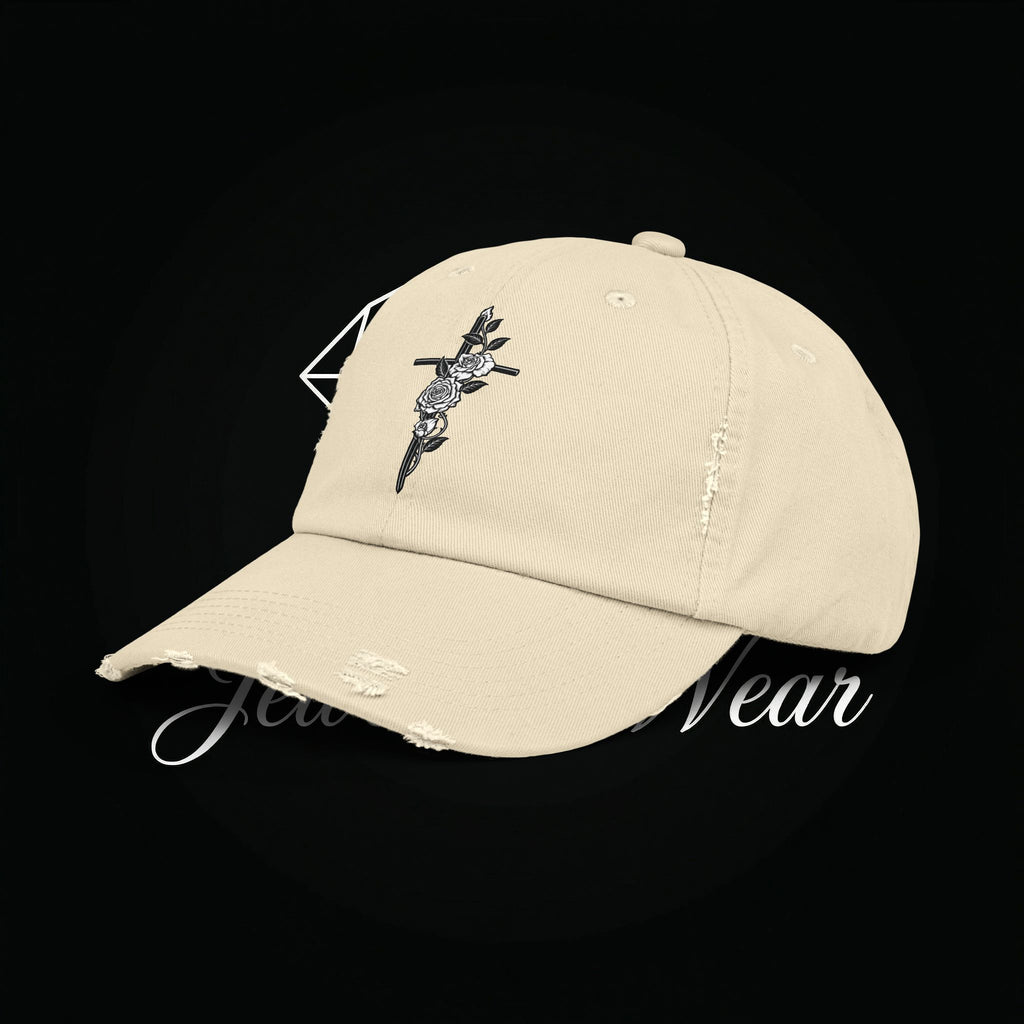 Distressed Black Cap with Rose Cross Embroidery — Gothic Floral Baseball Hat