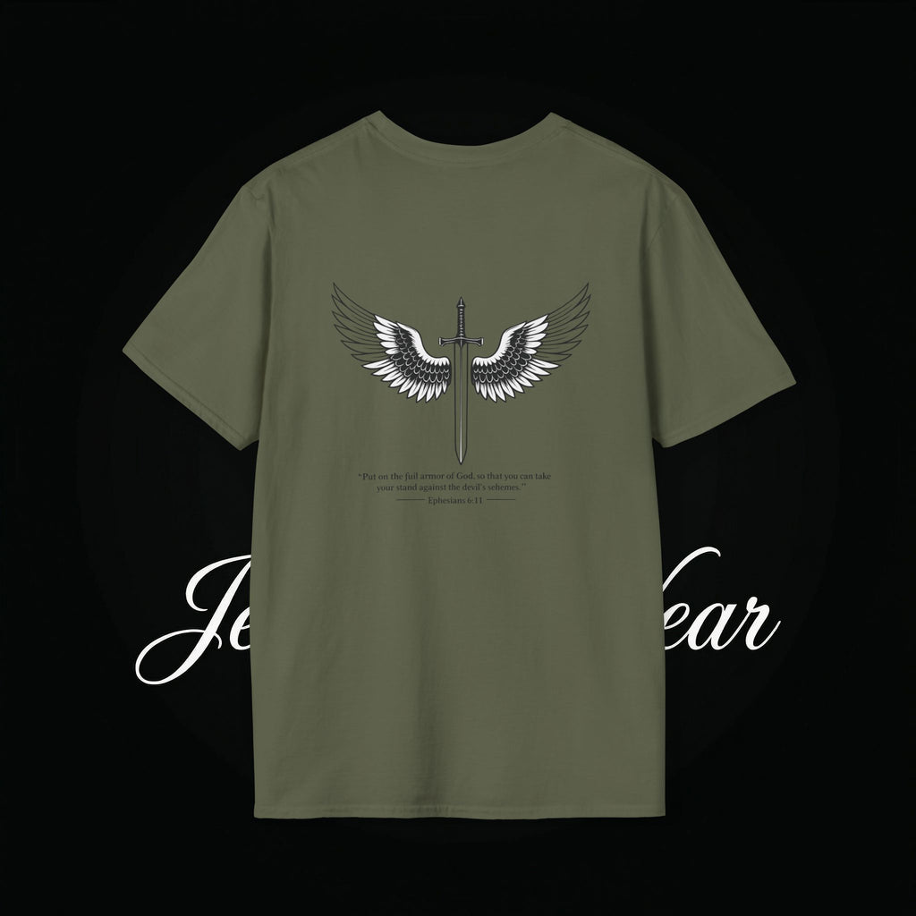 Christian Cross Sword T-Shirt — Winged Sword & Scripture Graphic