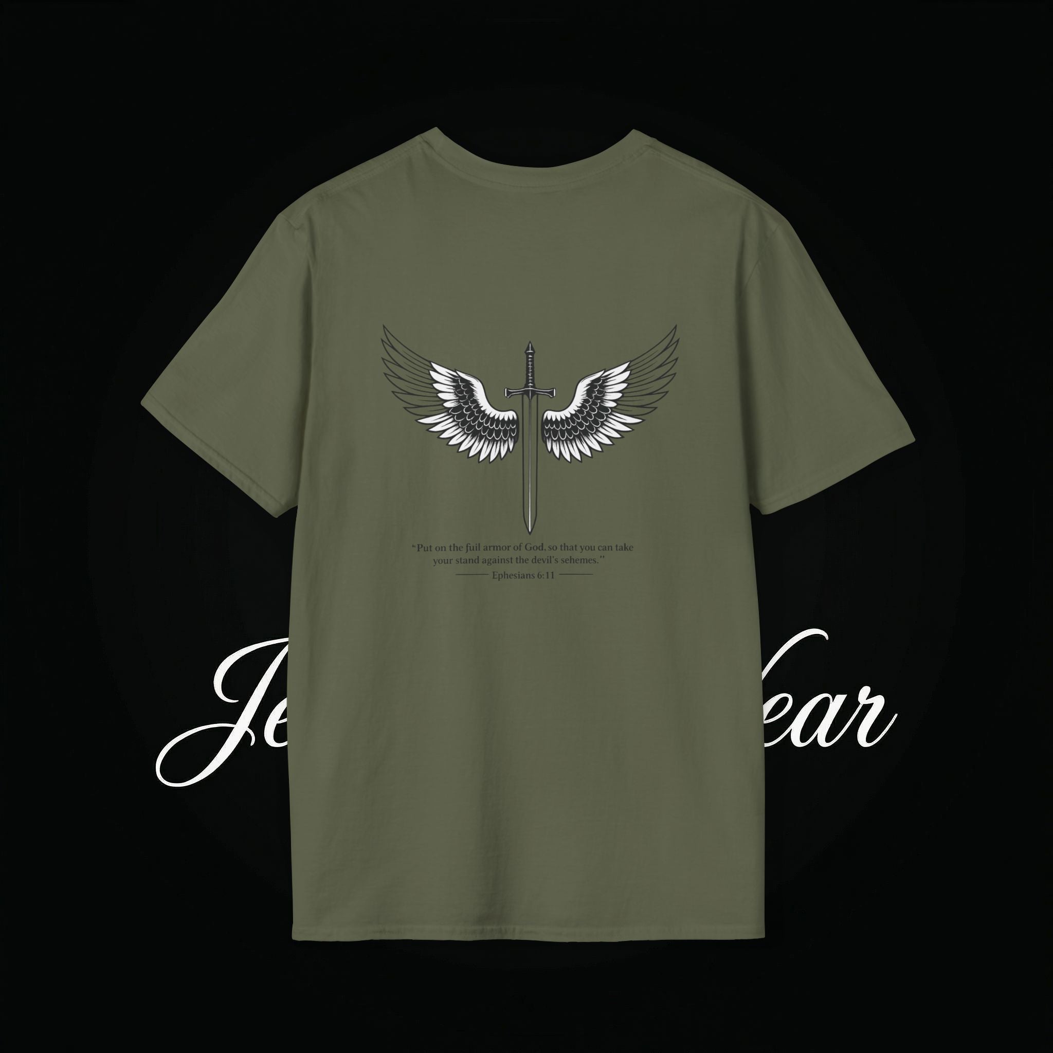Christian Cross Sword T-Shirt — Winged Sword & Scripture Graphic