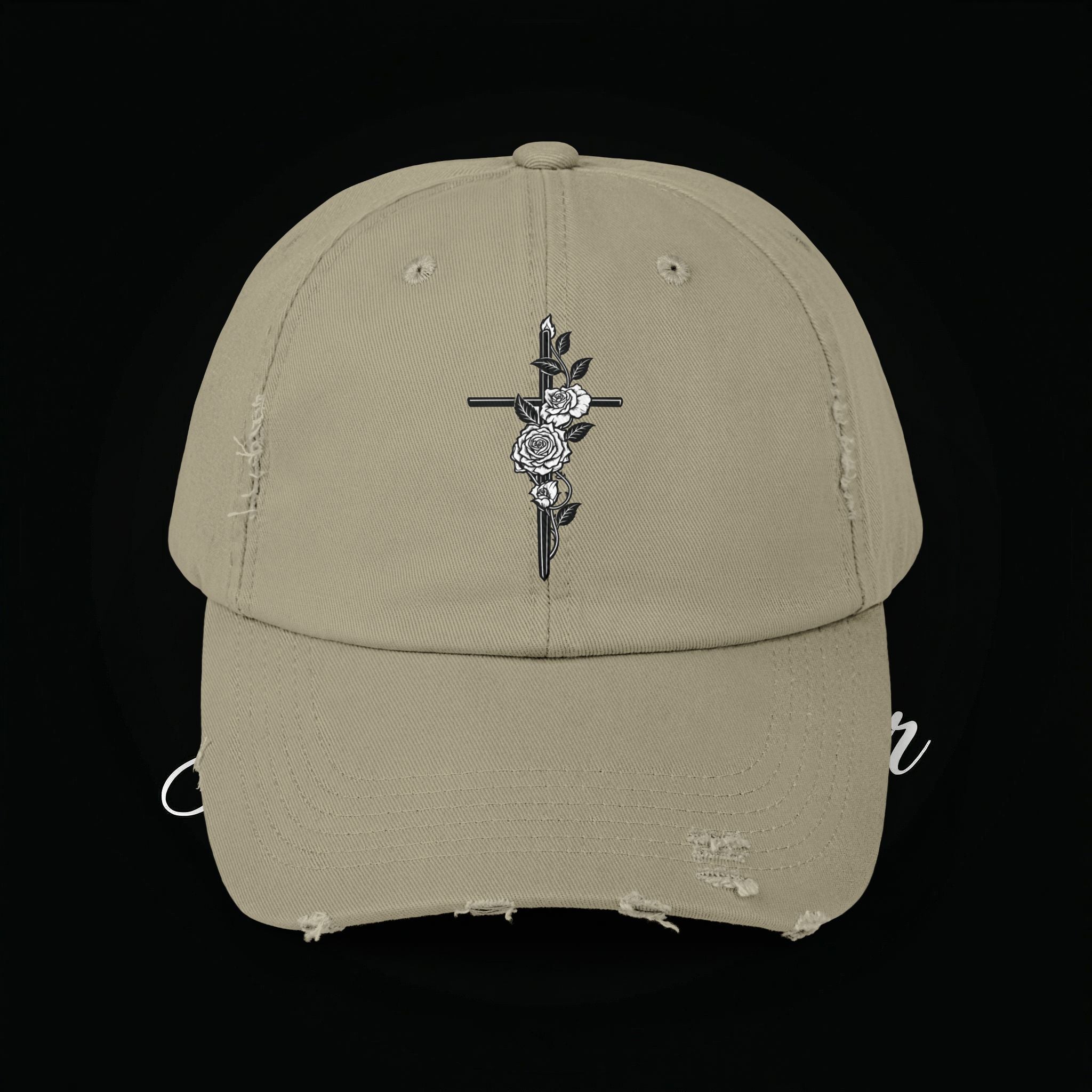 Distressed Black Cap with Rose Cross Embroidery — Gothic Floral Baseball Hat