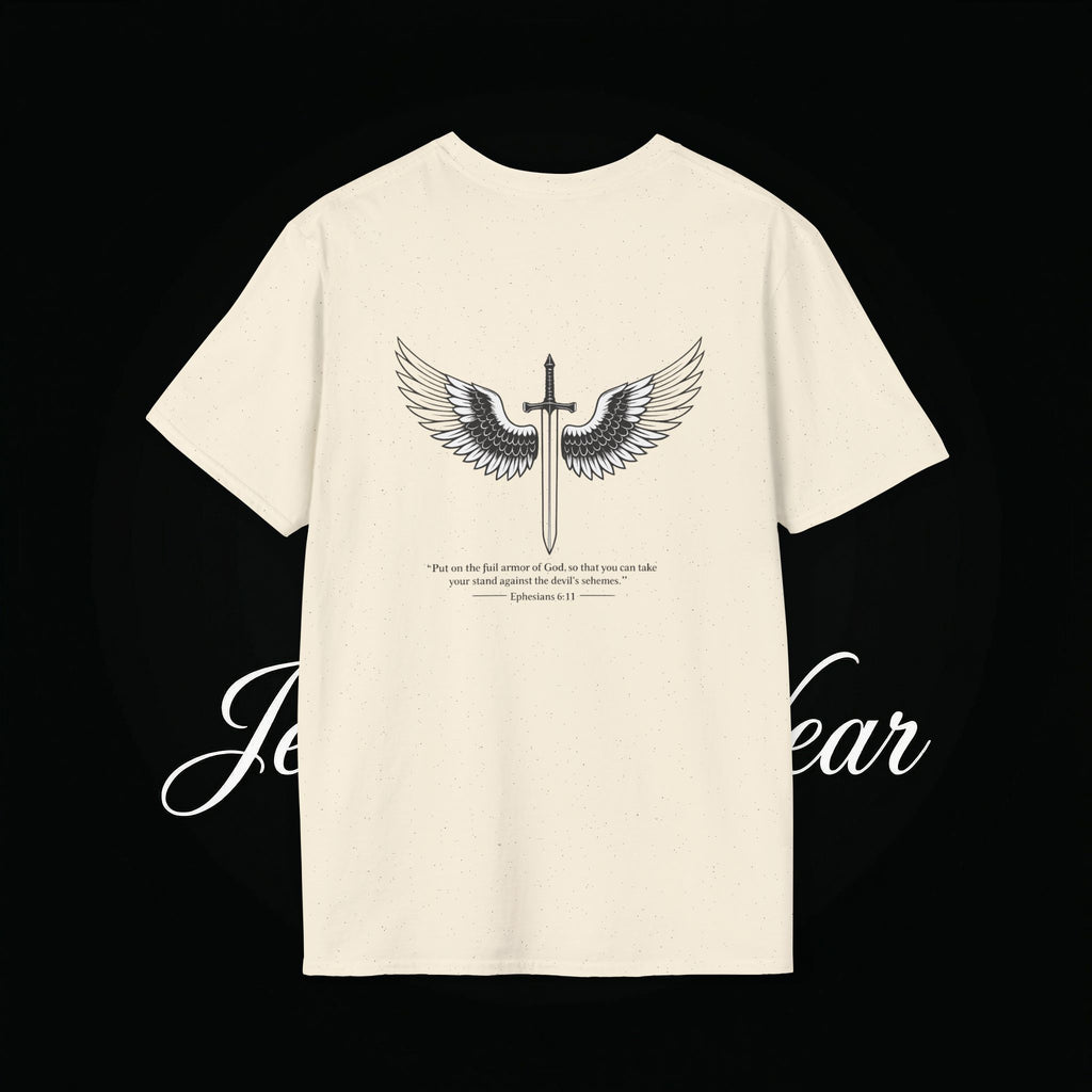 Christian Cross Sword T-Shirt — Winged Sword & Scripture Graphic