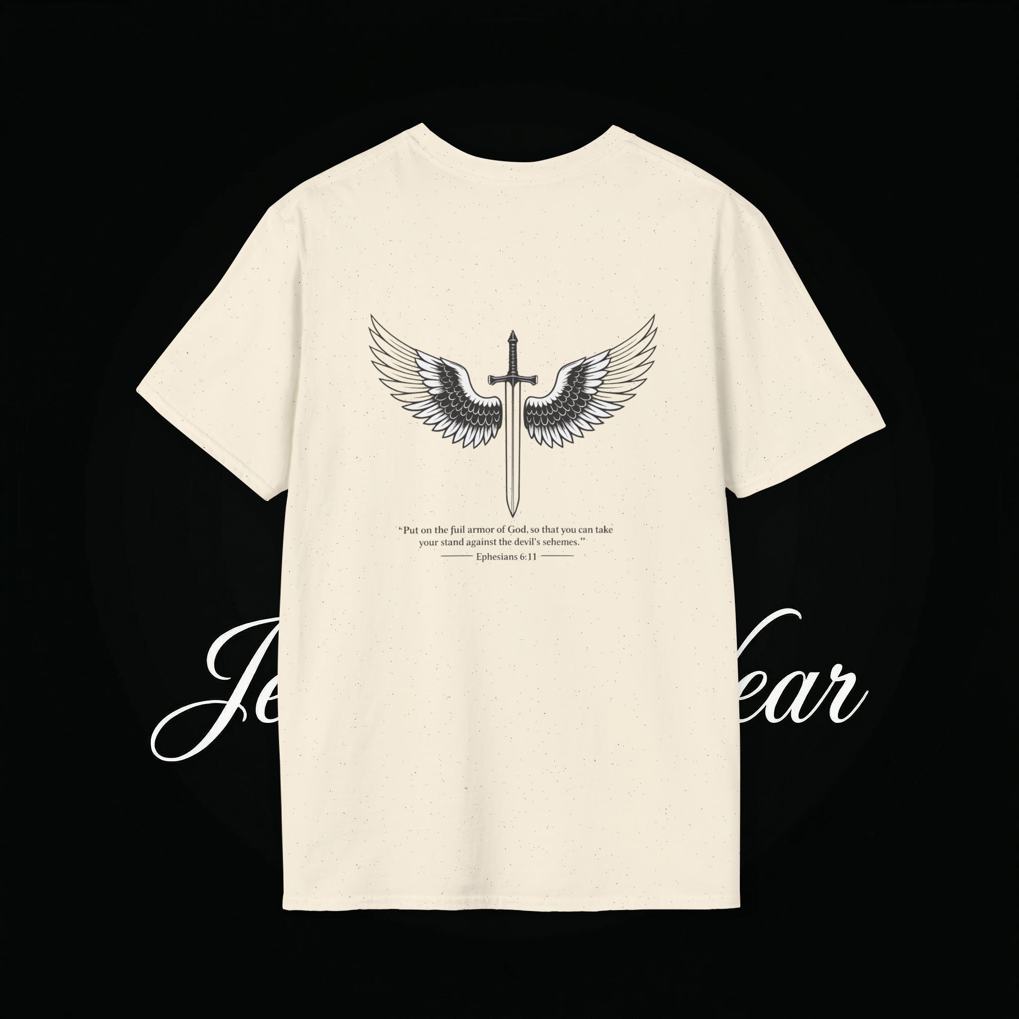 Christian Cross Sword T-Shirt — Winged Sword & Scripture Graphic