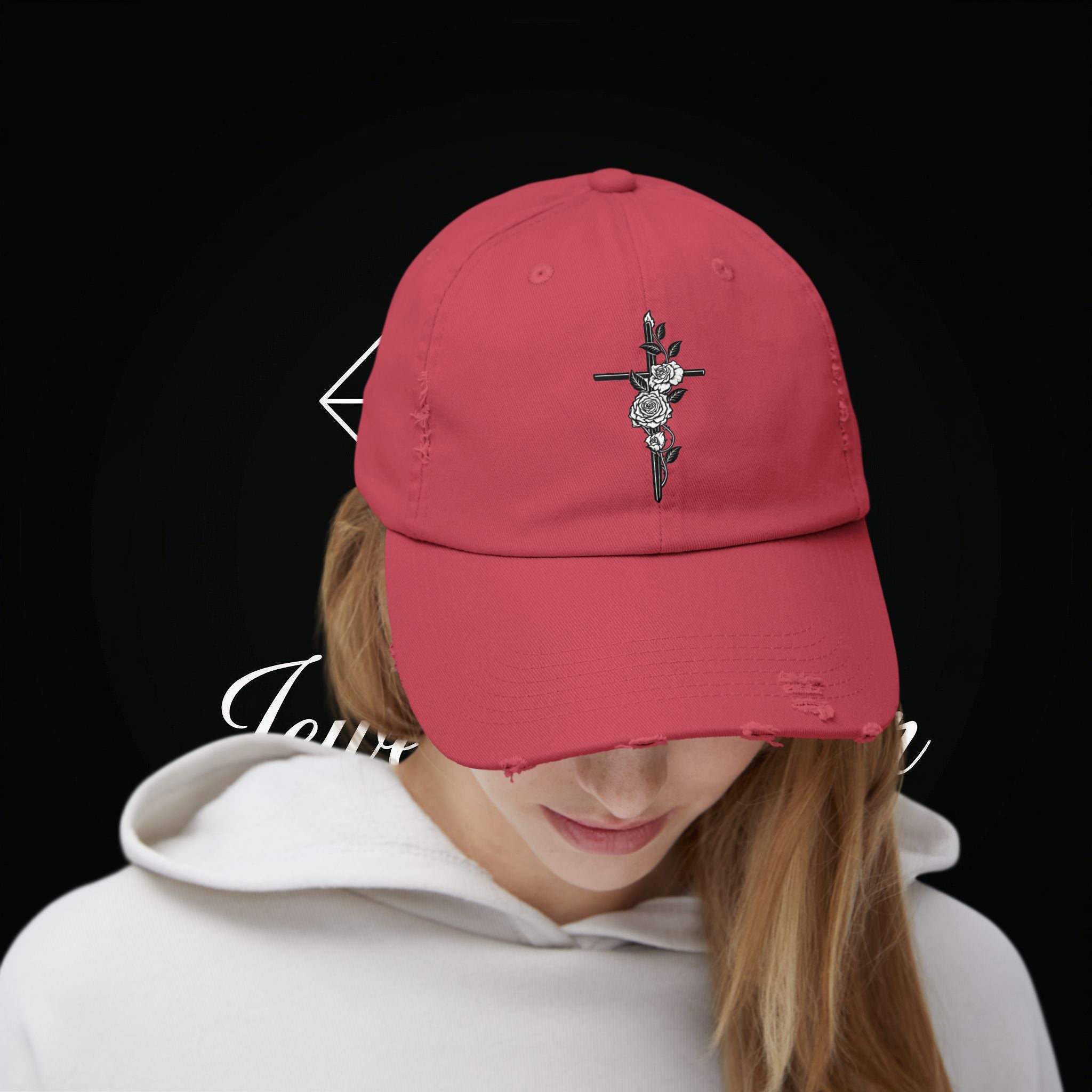 Distressed Black Cap with Rose Cross Embroidery — Gothic Floral Baseball Hat