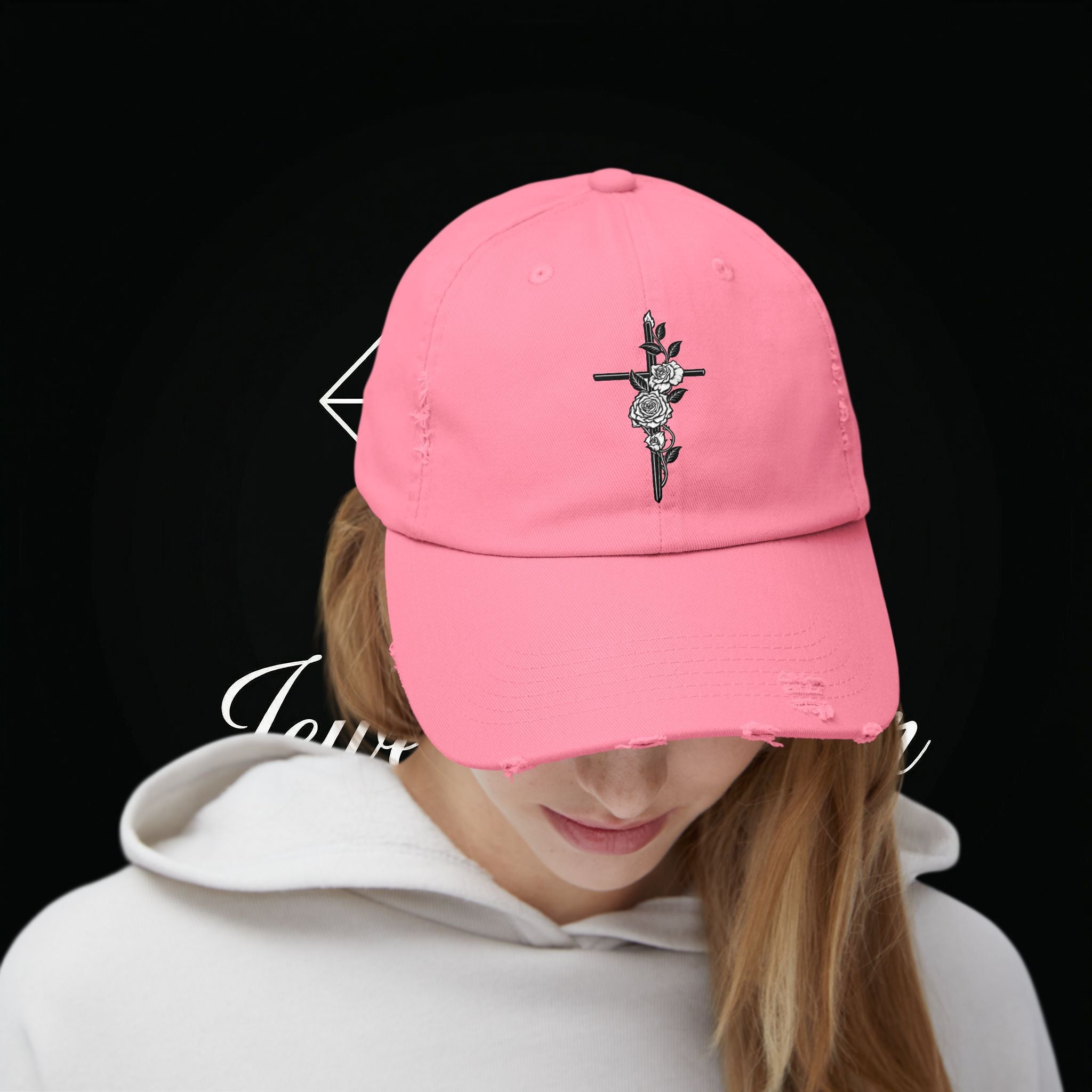 Distressed Black Cap with Rose Cross Embroidery — Gothic Floral Baseball Hat