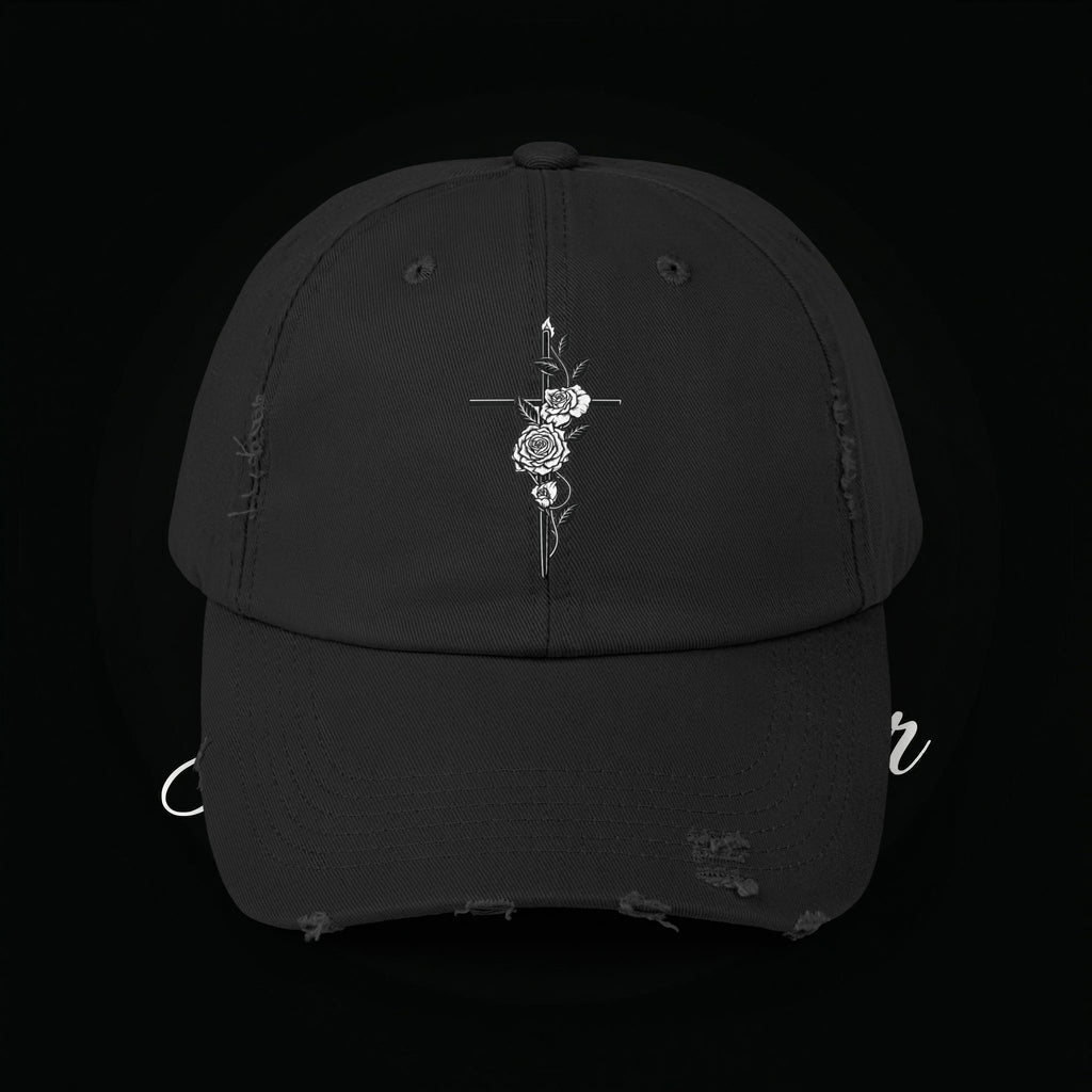 Distressed Black Cap with Rose Cross Embroidery — Gothic Floral Baseball Hat