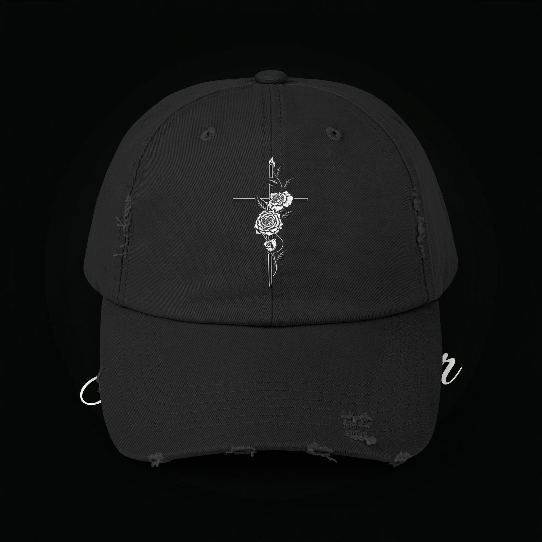 Distressed Black Cap with Rose Cross Embroidery — Gothic Floral Baseball Hat