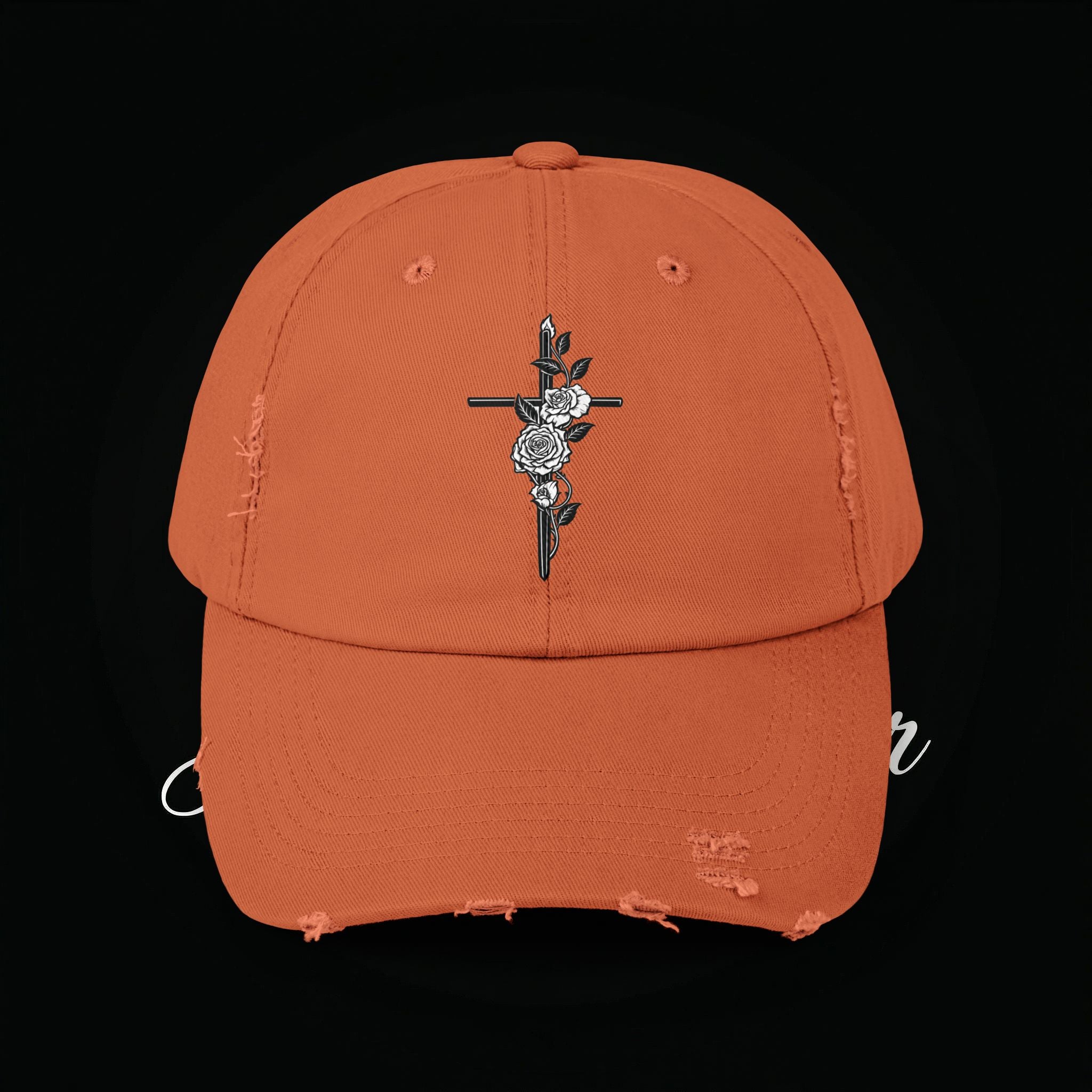 Distressed Black Cap with Rose Cross Embroidery — Gothic Floral Baseball Hat