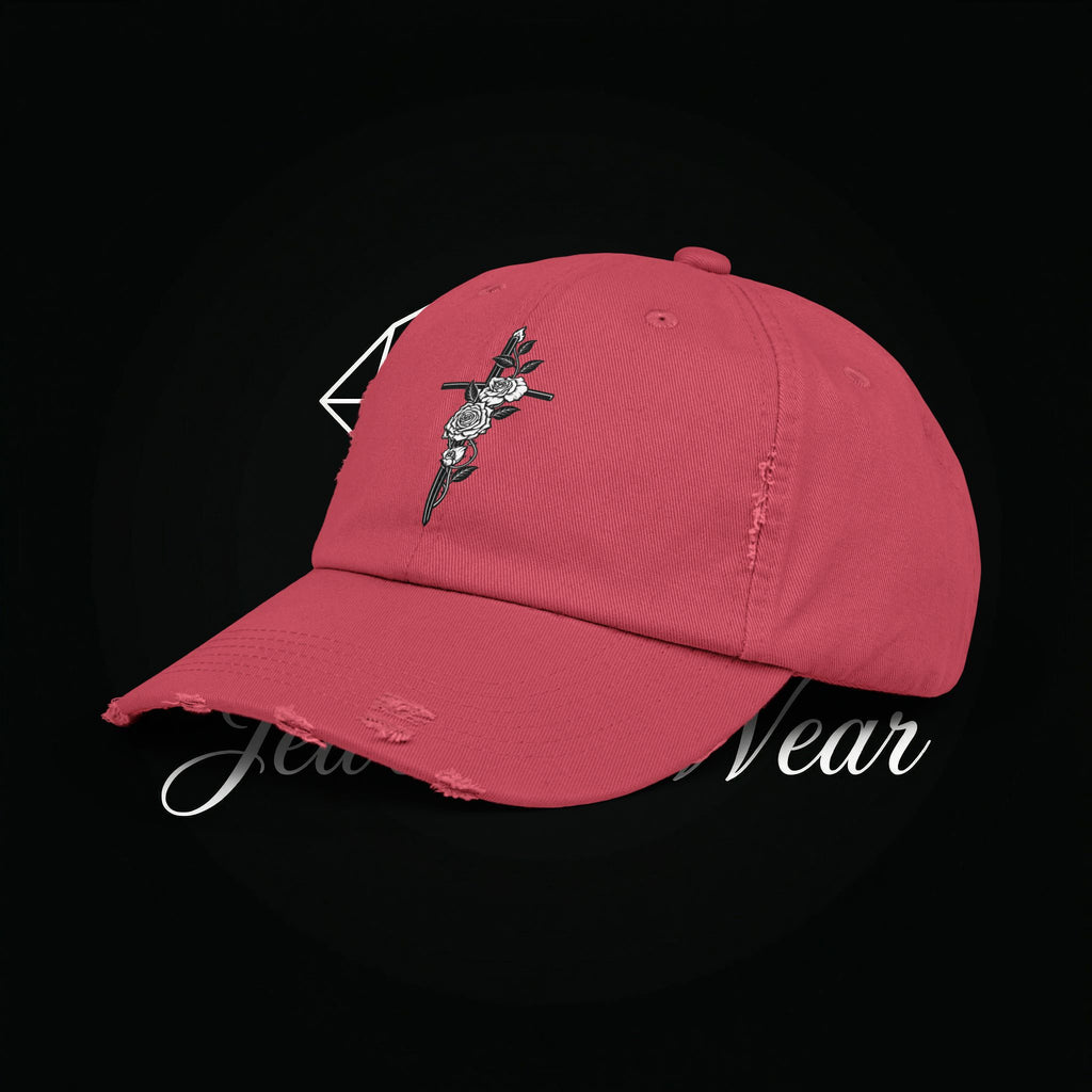Distressed Black Cap with Rose Cross Embroidery — Gothic Floral Baseball Hat