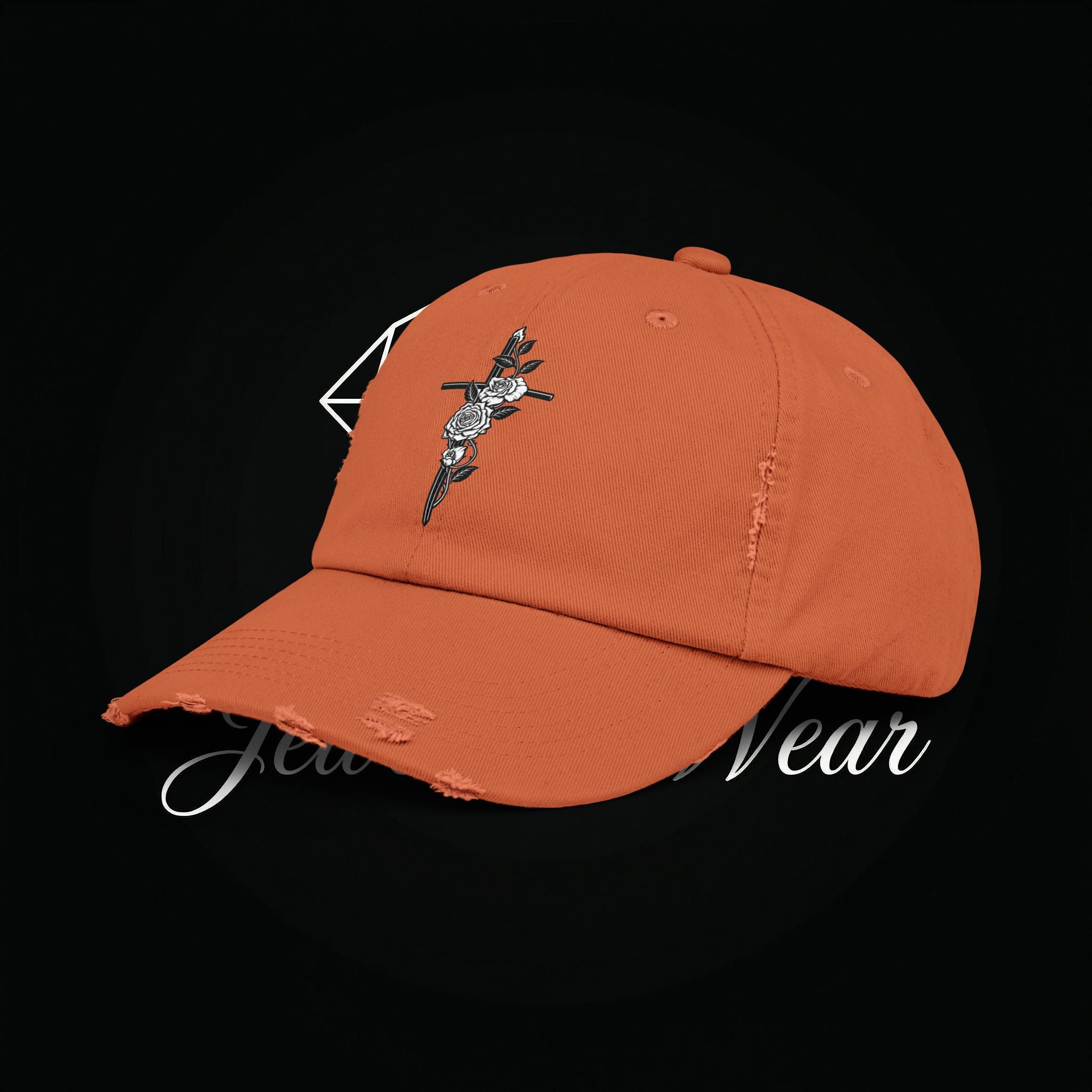 Distressed Black Cap with Rose Cross Embroidery — Gothic Floral Baseball Hat