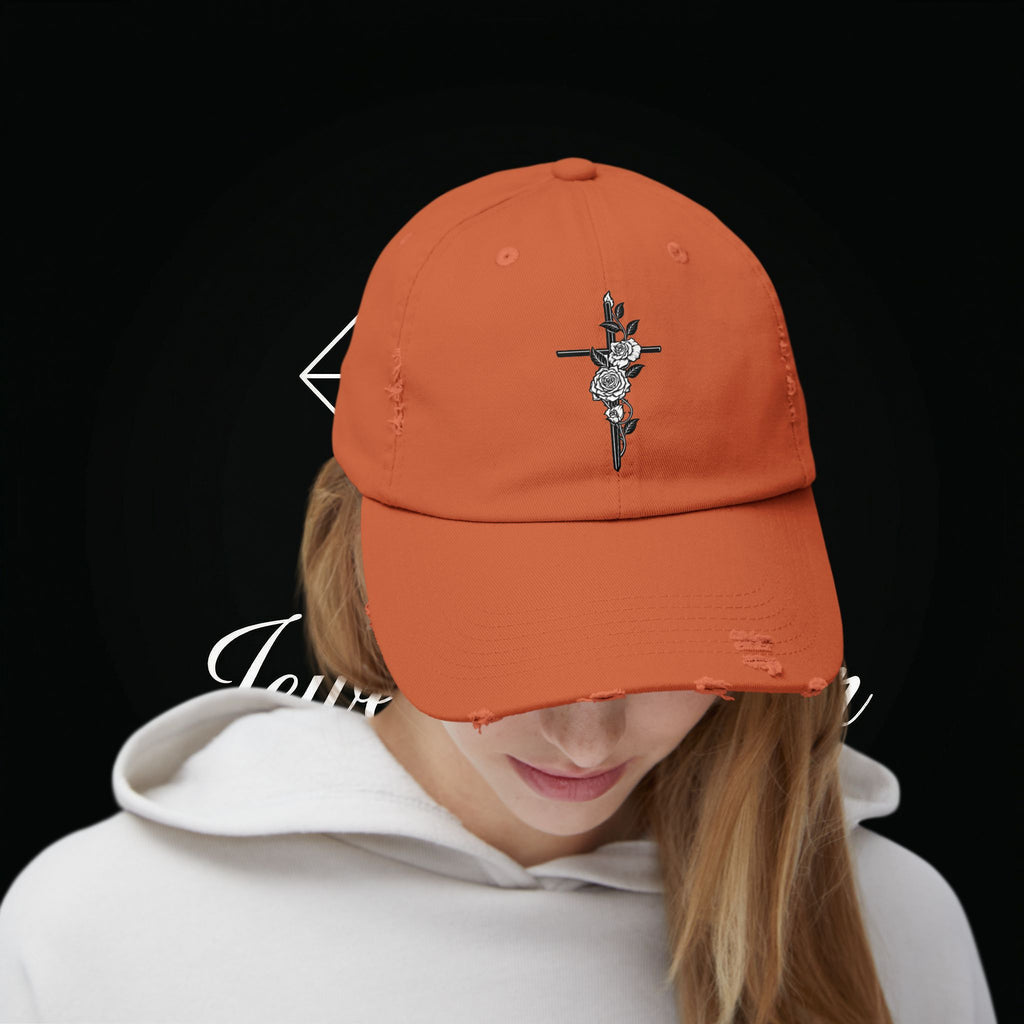 Distressed Black Cap with Rose Cross Embroidery — Gothic Floral Baseball Hat