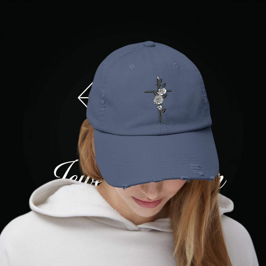 Distressed Black Cap with Rose Cross Embroidery — Gothic Floral Baseball Hat