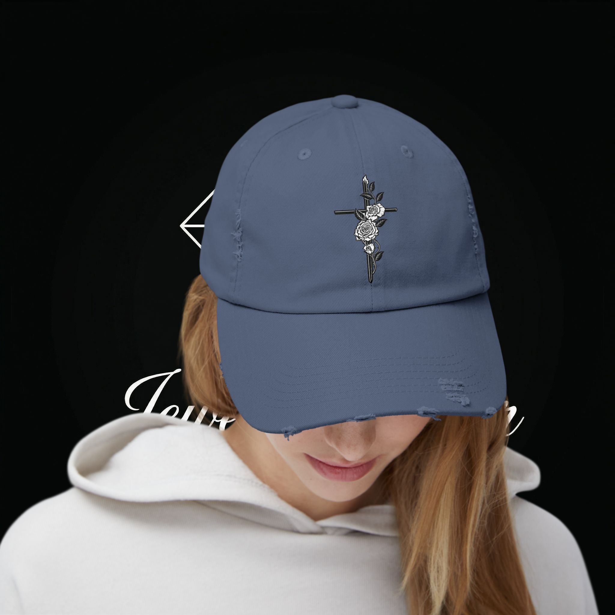 Distressed Black Cap with Rose Cross Embroidery — Gothic Floral Baseball Hat