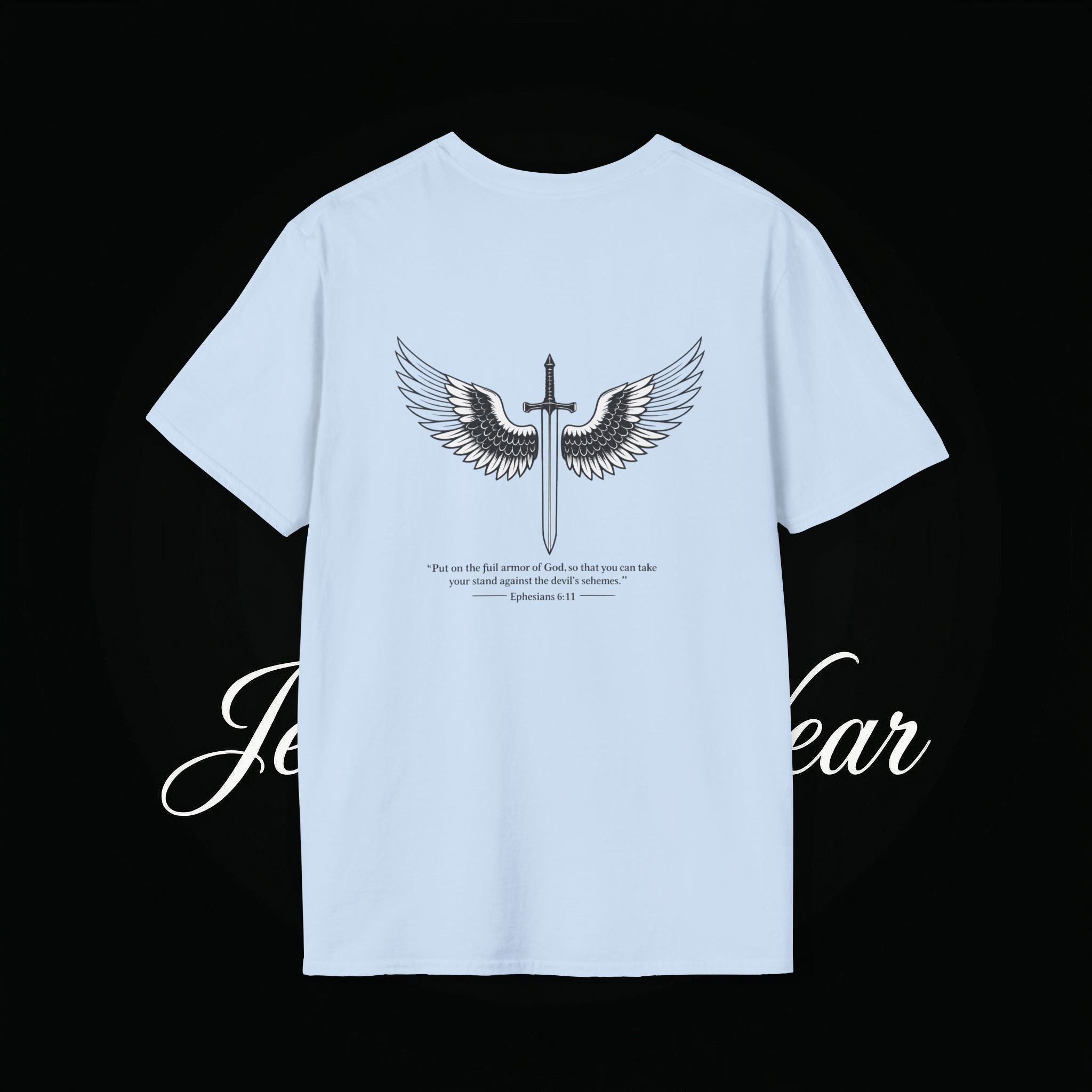 Christian Cross Sword T-Shirt — Winged Sword & Scripture Graphic
