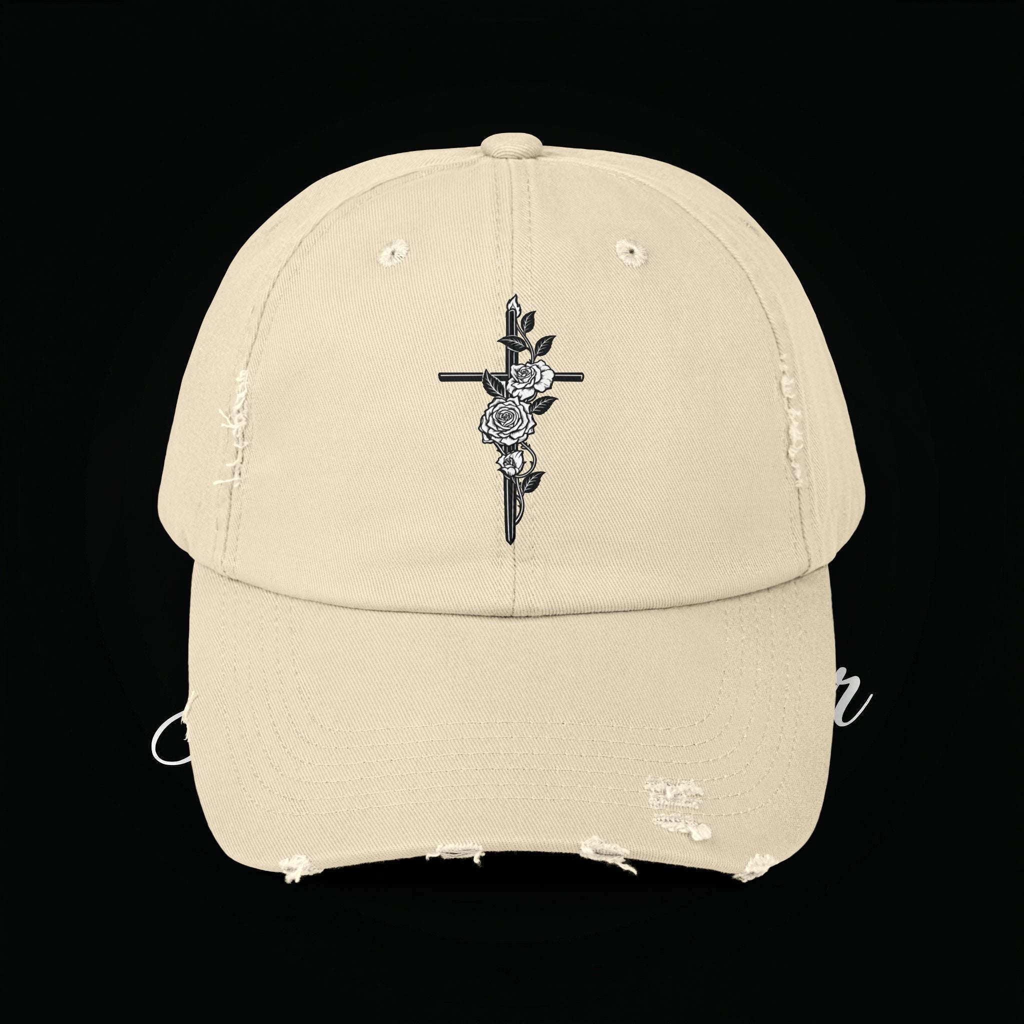 Distressed Black Cap with Rose Cross Embroidery — Gothic Floral Baseball Hat
