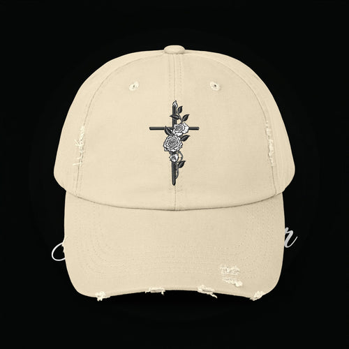 Distressed Black Cap with Rose Cross Embroidery — Gothic Floral Baseball Hat