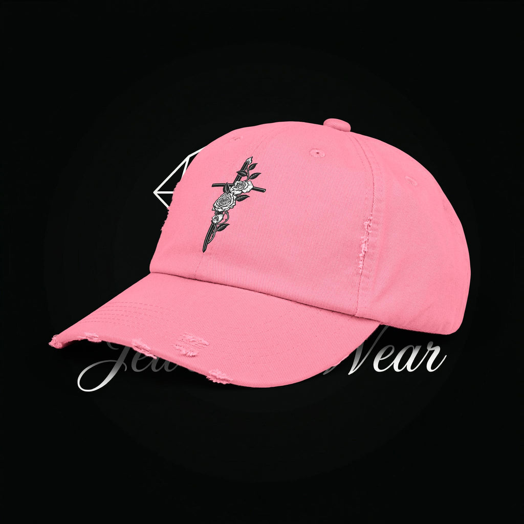Distressed Black Cap with Rose Cross Embroidery — Gothic Floral Baseball Hat