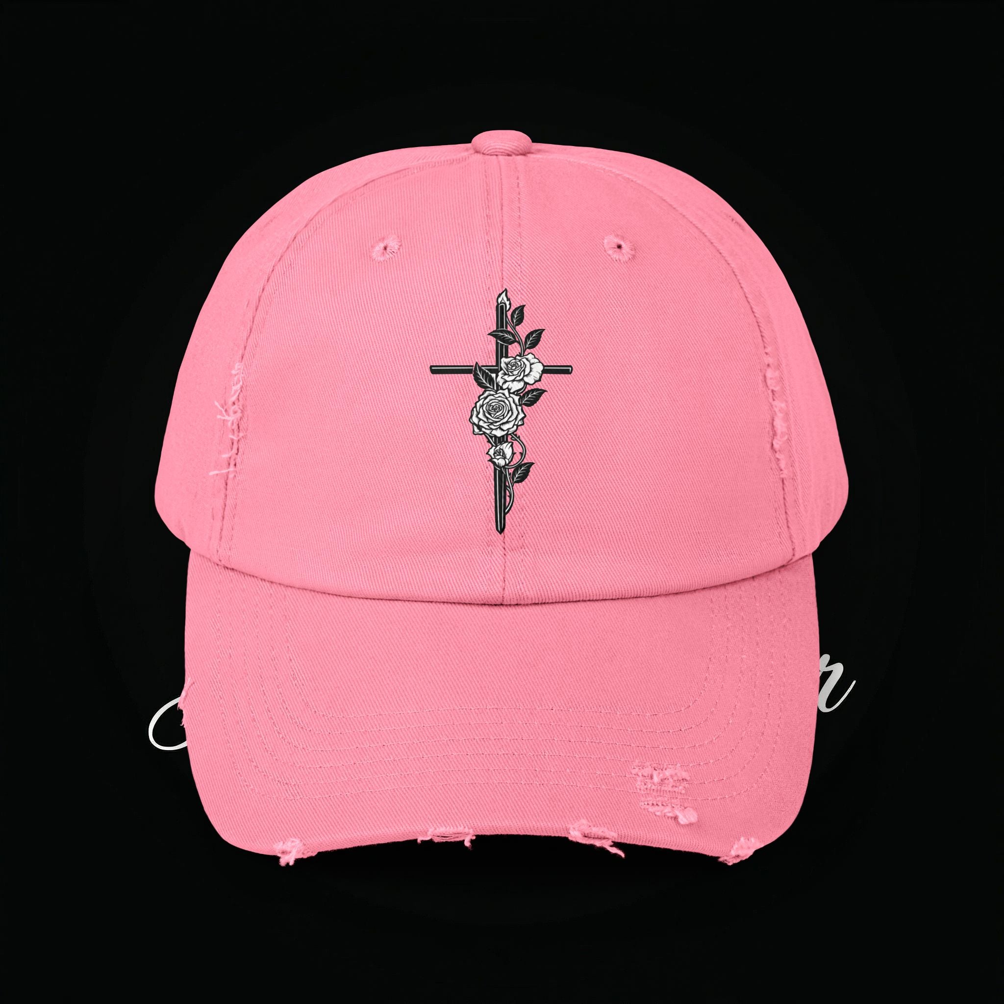 Distressed Black Cap with Rose Cross Embroidery — Gothic Floral Baseball Hat